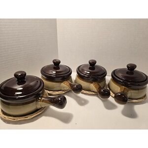 Vtg Handled & Covered Onion Soup Bowls W/ Rattan Bases In Original Box Chef Work